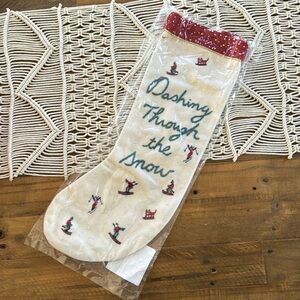 Anthropologie brand new Christmas stocking embroidered dashing through the snow